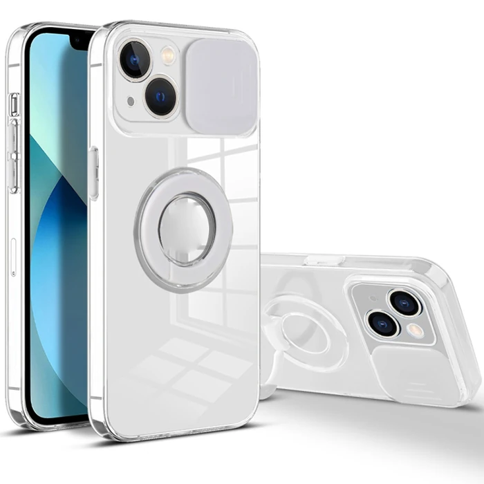 Ally iPhone 13 Mini 5.4inç Kılıf Sürgülü Kamera Lens Korumalı Yüzük Standlı Silikon Kılıf-(1903)
