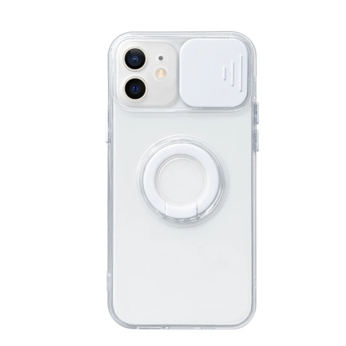 Ally iPhone 12 6.1inç Kılıf Sürgülü Kamera Lens Korumalı Yüzük Standlı Silikon Kılıf-(1903)