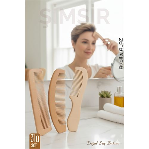 3 lü Doğal Şimşir Ahşap Tarak Seti– 16 cm, Anti-statik, Kepek Karşıtı ve El Yapımı 