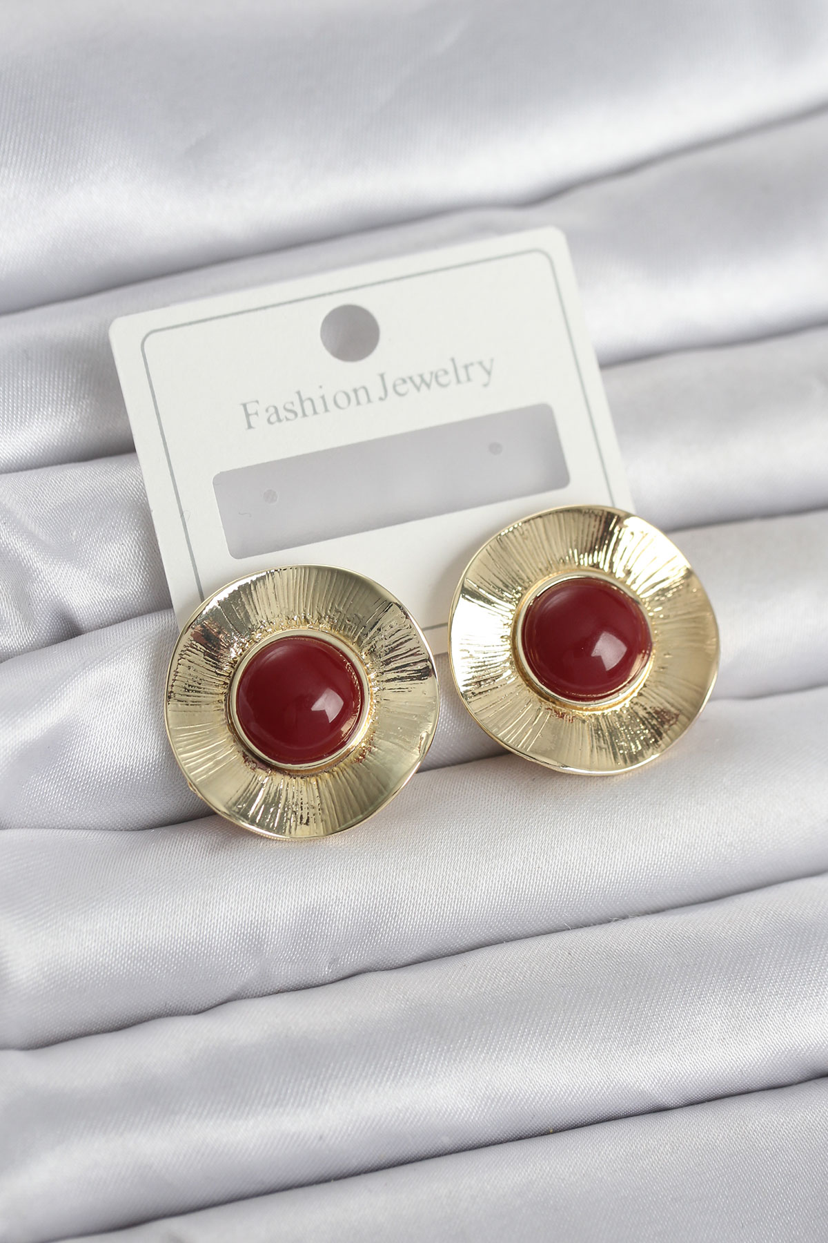 Vintage Model Bordo Gold Renk Pirinç Kadın Küpe 5886