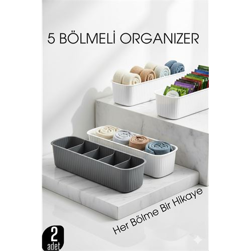 5 Bölmeli Dolap ve Çekmece İçi 2’li Set Organizer Kutusu (Gri & Beyaz) 