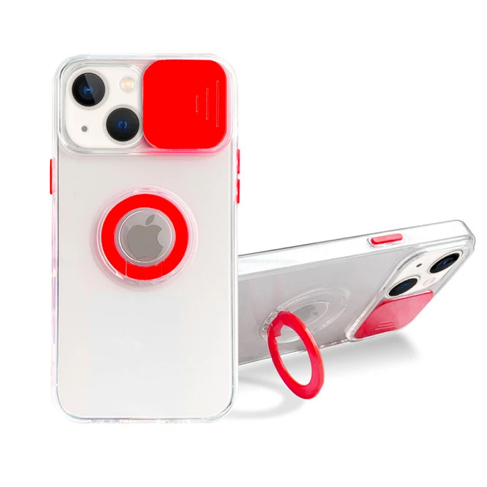 Ally iPhone 13 6.1 inç Kılıf Sürgülü Kamera Lens Korumalı Yüzük Standlı Silikon Kılıf-(1903)