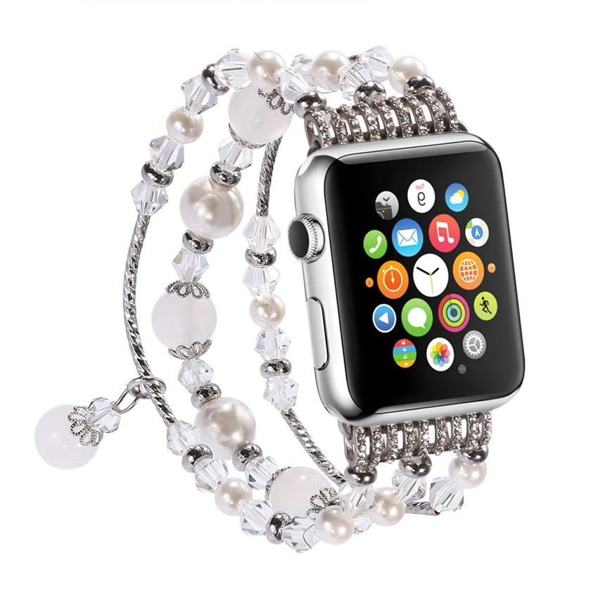 Ally Apple Watch 7-8 41mm 6-5-4 40mm Boncuk Taşlı Lux Kordon Kayış 3-2-1 38mm-(1903)