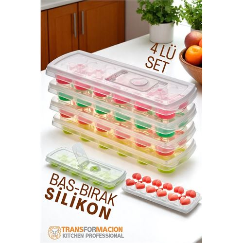 HSNET Buz Kalıbı - Bas-Bırak Kapaklı Silikon Buz Kalıbı 4 lü SET 