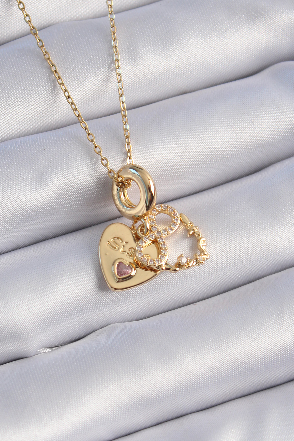 316L Çelik Gold Renk Zirkon Taşlı Sonsuzluk Kalp Figür Charm Model Kadın Kolye 5886