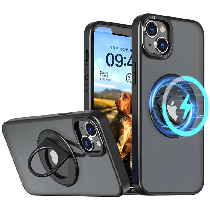 ALLY iPhone 14 Plus İçin Magsafe Uyumlu Yüzük Standlı Manyetik Silikon Kılıf-(1903)