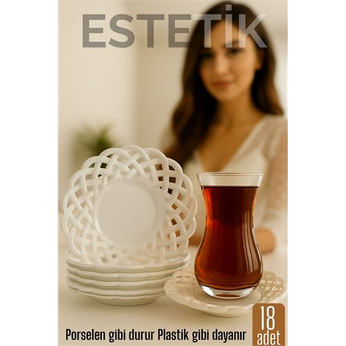 Porselen Görünümlü Plastik Çay Tabağı – 18'lı Set, Hafif, Şık ve Kırılmaz Tasarım 