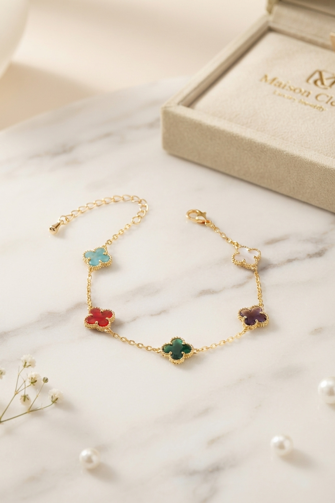 Renkli Kristal Taşlı Gold Renk Yonca Model Kadın Bileklik 5886