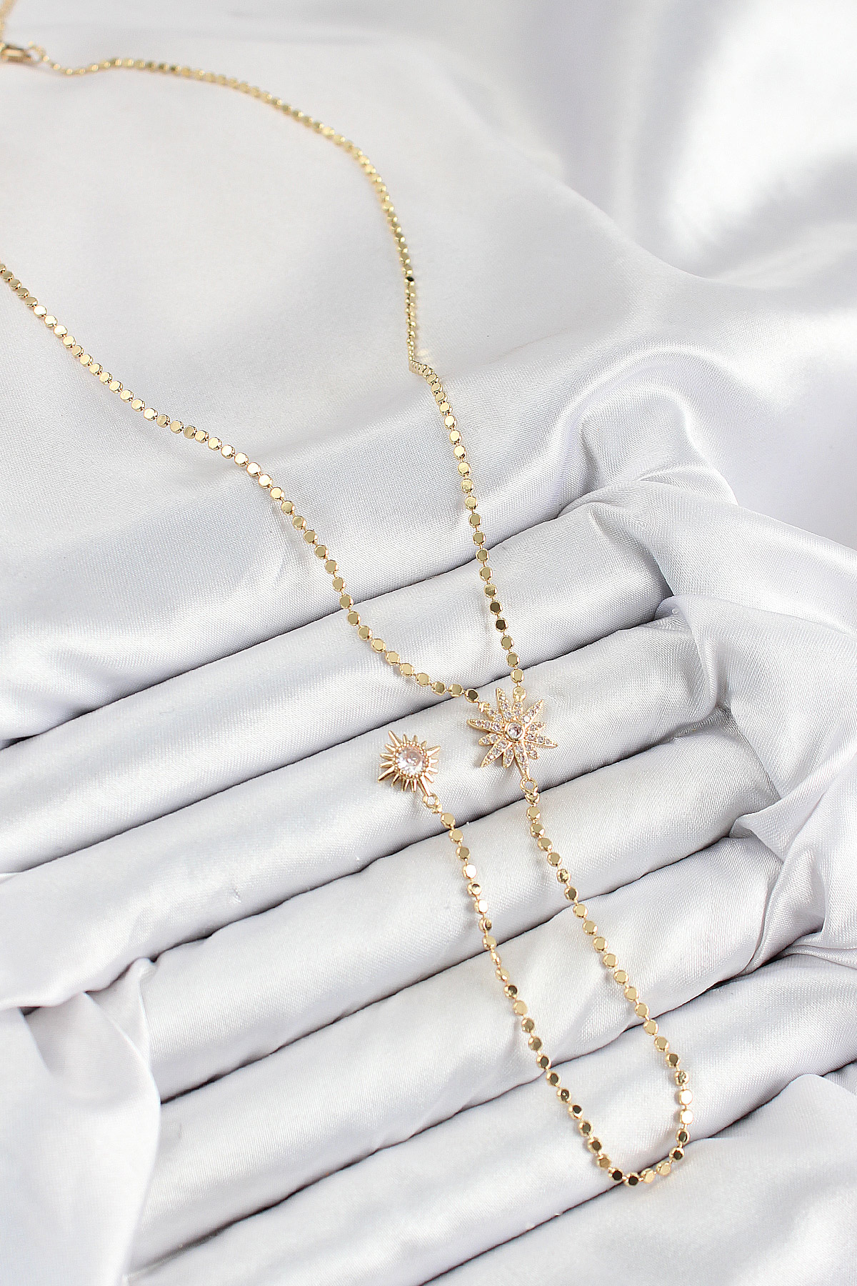 Pirinç Zirkon Taşlı Ezme Zincirli Kutup Yıldızı Model Gold Renk Y Kolye 5886