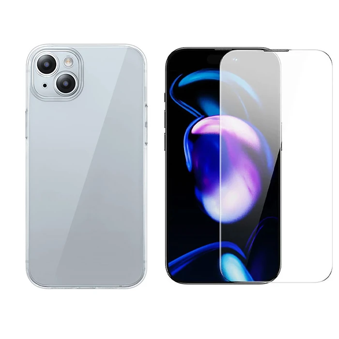 Baseus iPhone 15 Schott Serisi Şeffaf Silikon Kılıf + Tempered Ekran Koruyucu Set-(1903)