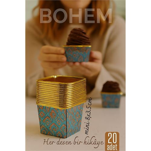 Bohem Kare Kek Kalıbı , Alüminyum  Cupcake Muffin Kalıbı 20'li Paket 