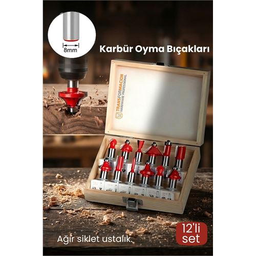 Profesyonel 12'li Ahşap Freze Ucu Seti 8mm Şaft | Rulmanlı Karbür Oyma Bıçakları Ahşap Kutulu 
