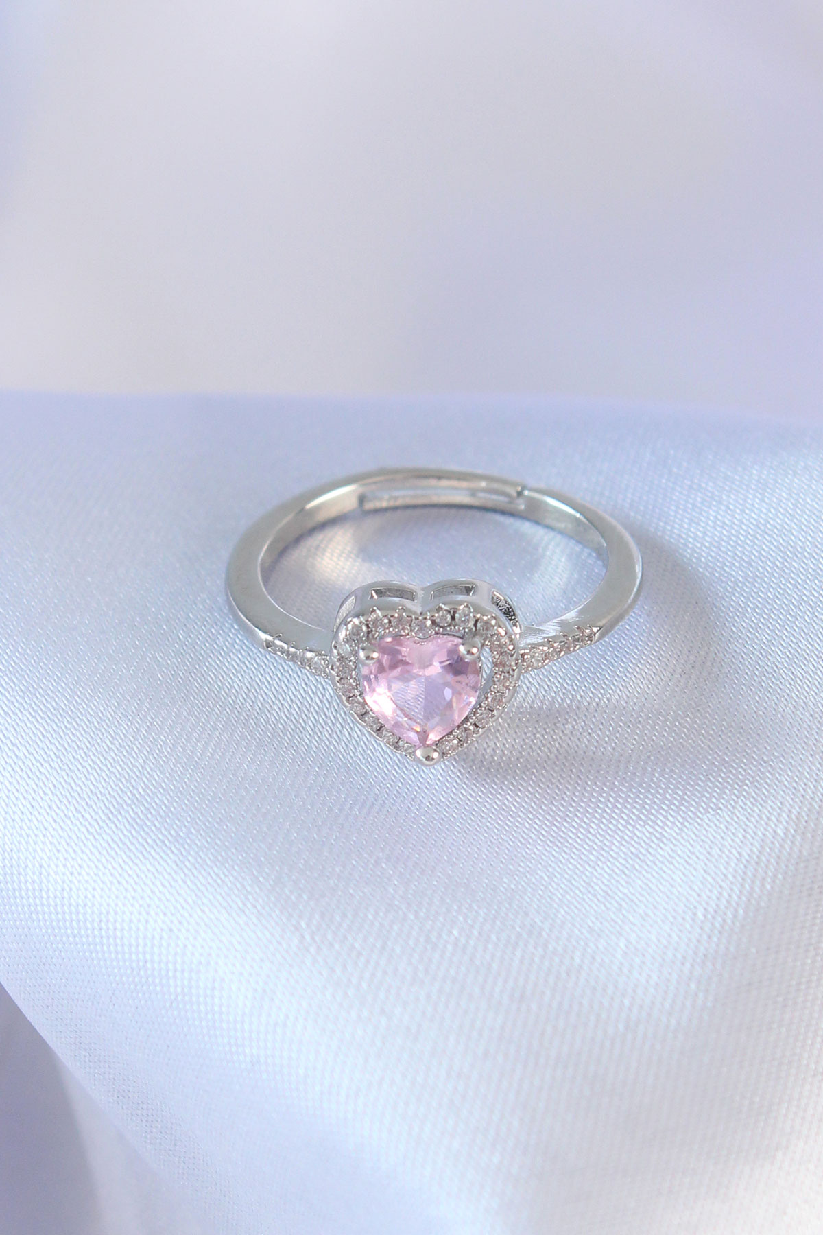 Gümüş Renk Pembe Zirkon Taşlı Kalp Charm Model Pirinç Kadın Yüzük 5886