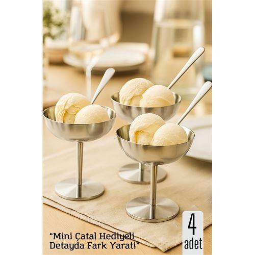 HSNET 4 lü Gümüş Inox Çelik Ayaklı Dondurma ve Sunum Kasesi – Tatlı, Lokum ve Sunum Kabı 