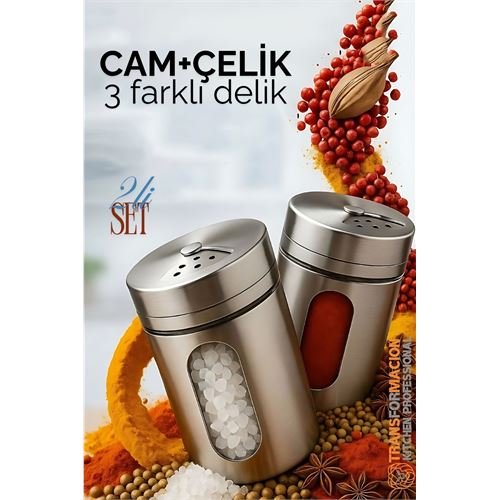 HSNET Cam+Çelik Tuzluk Biberlik Karabiberlik 3 Farklı Delikli 2 li SET 