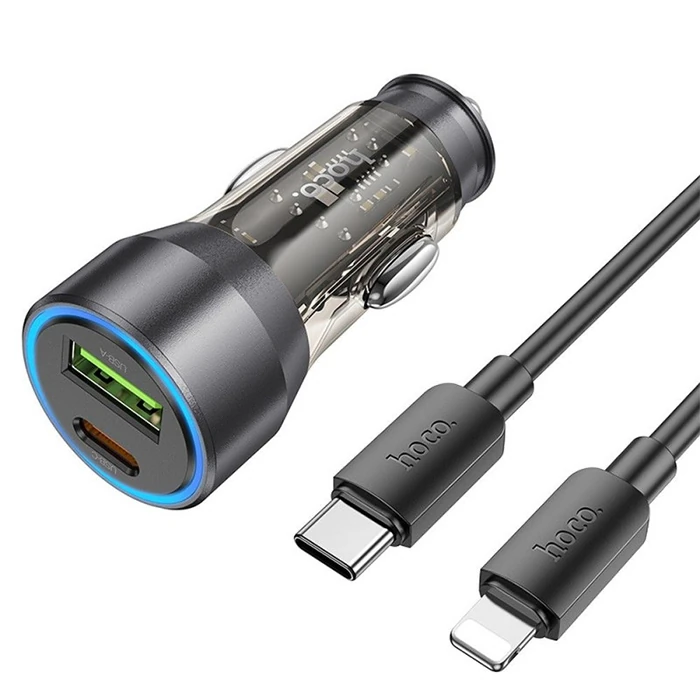 HOCO NZ12A Action PD43W USB + Type-C Araç Çakmaklık Hızlı Şarj Aleti + Type-C to iPhone Lightning Ka-(1903)