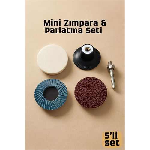 Profesyonel 50mm Mini Zımpara & Parlatma Seti: Keçe, Flap Disk, Kauçuk Tutucu & Şaft - 4 Parça 