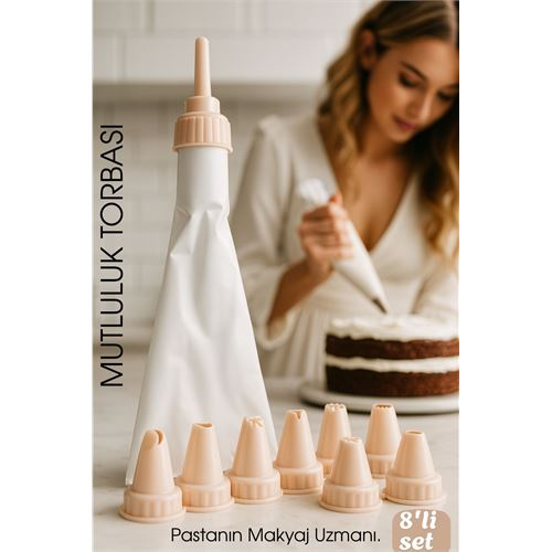 Profesyonel 8'li Krema Sıkma Torbası Seti | Pastacılık Dekorasyon Uçları ve Fırfır Başlıkları 