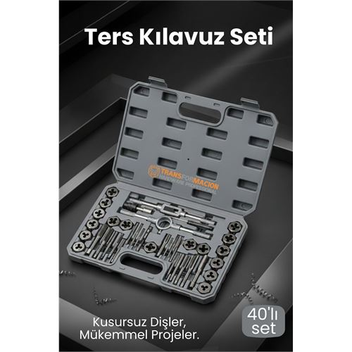 40 Parça Profesyonel Metrik Ters Kılavuz ve Pafta Seti   - Hassas Diş Açma ve Onarım Takımı 