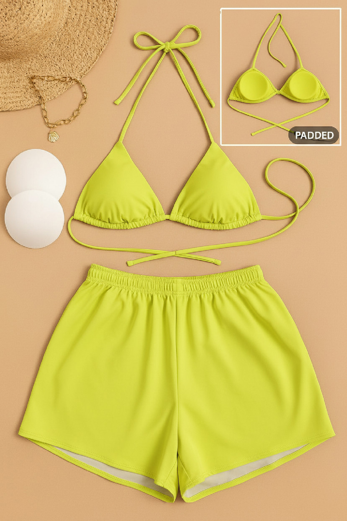 Kadın 3'lü Set Fosforlu Şortlu ve Yandan Bağlamalı Bikini Mayo Takımı