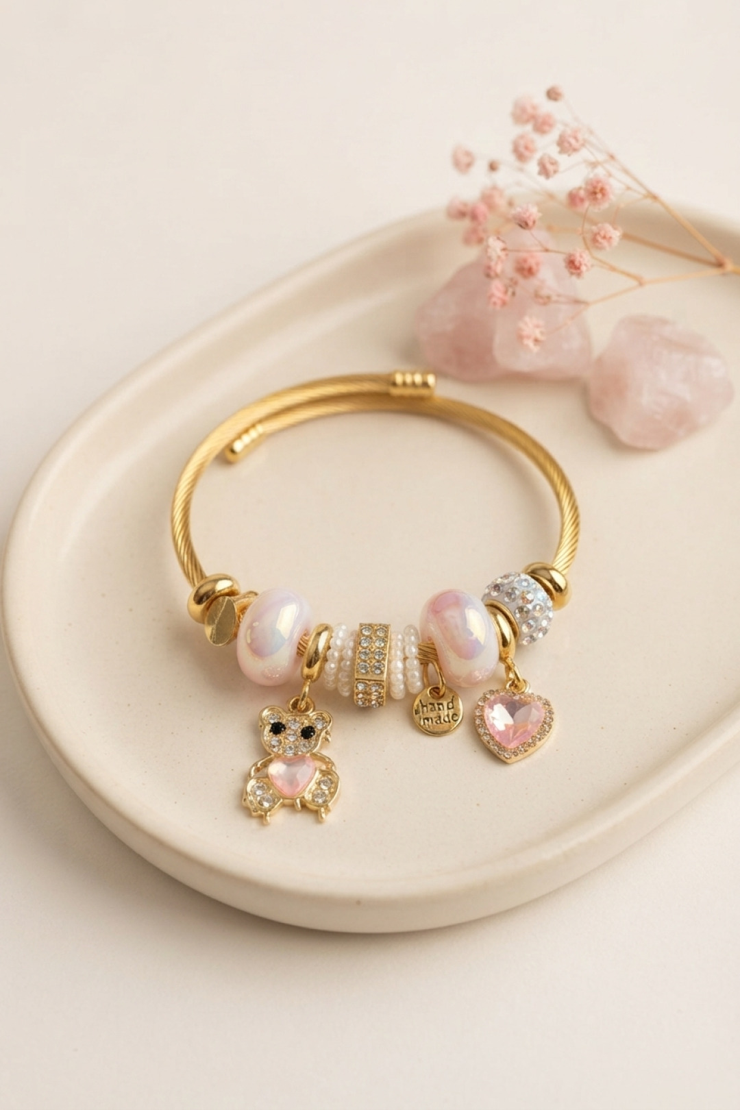 Tedy Bear Model Gold Renk Pembe Charmlı Bileklik 5886