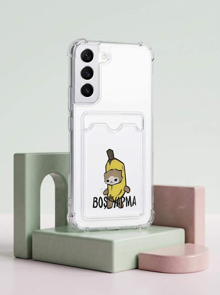 Samsung Galaxy S22 Boş Yapma Muz Detaylı Kart Bölmeli Şeffaf Telefon Kılıfı