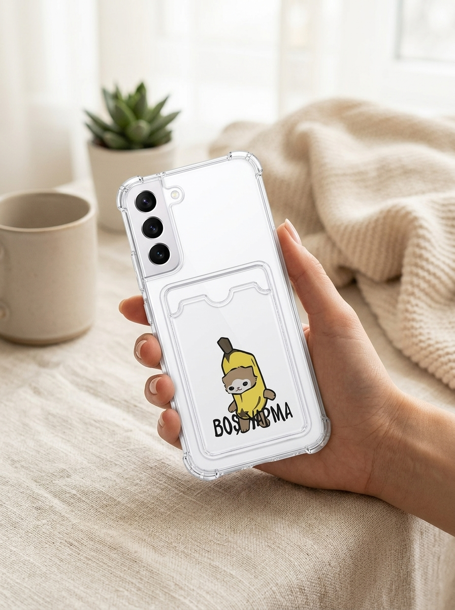 Samsung Galaxy S22 Boş Yapma Muz Detaylı Kart Bölmeli Şeffaf Telefon Kılıfı
