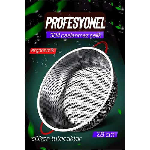 HSNET 28 CM Kevgir Yuvarlak Süzgeç Profesyonel 304 Paslanmaz Çelik 