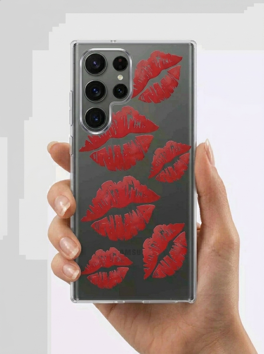 Samsung S26 Ultra Kırmızı Dudak / Öpücük Desenli Şeffaf Telefon Kılıfı