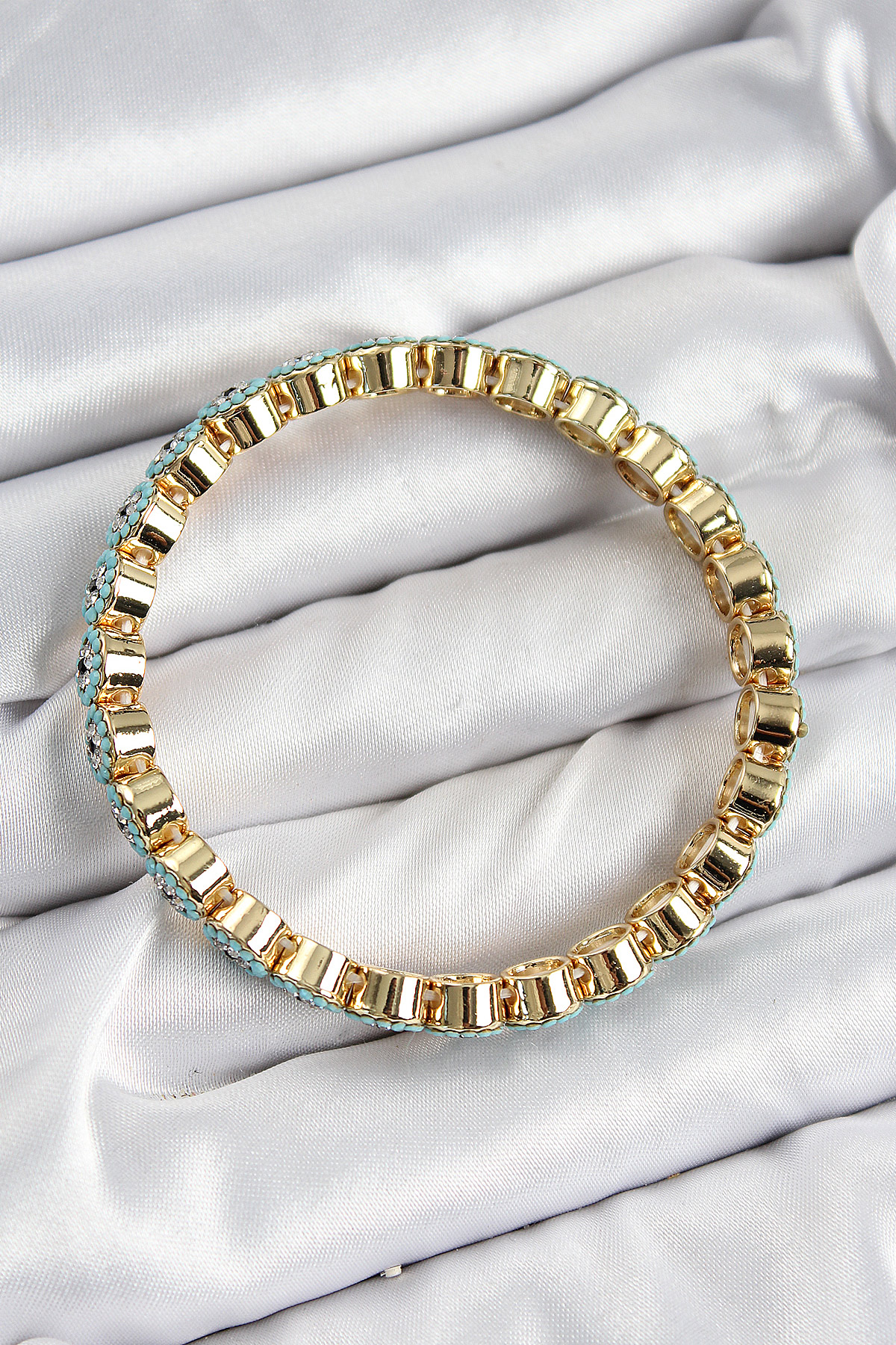 Pirinç Zirkon Taşlı Turkuaz Nazar Model Gold Renk Lastikli Kadın Bileklik 5886
