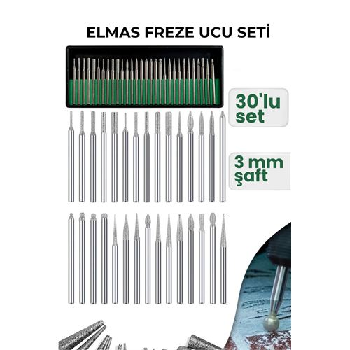 30 Parça Elmas Freze Ucu Seti - 3mm Şaft Profesyonel Gravür, Oyma ve Hassas Taşlama Seti 