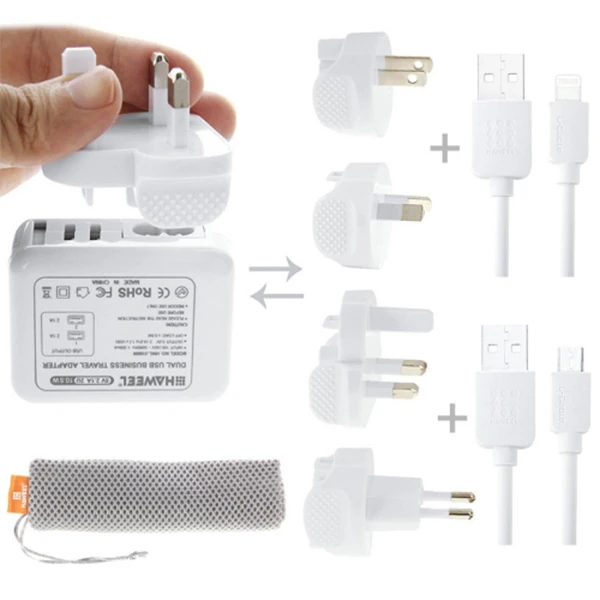 Haweel Universal Seyahat Şarj Adaptör İPhone Ve 1 Mikro Usb Şarj Kablosu Set-(1903)