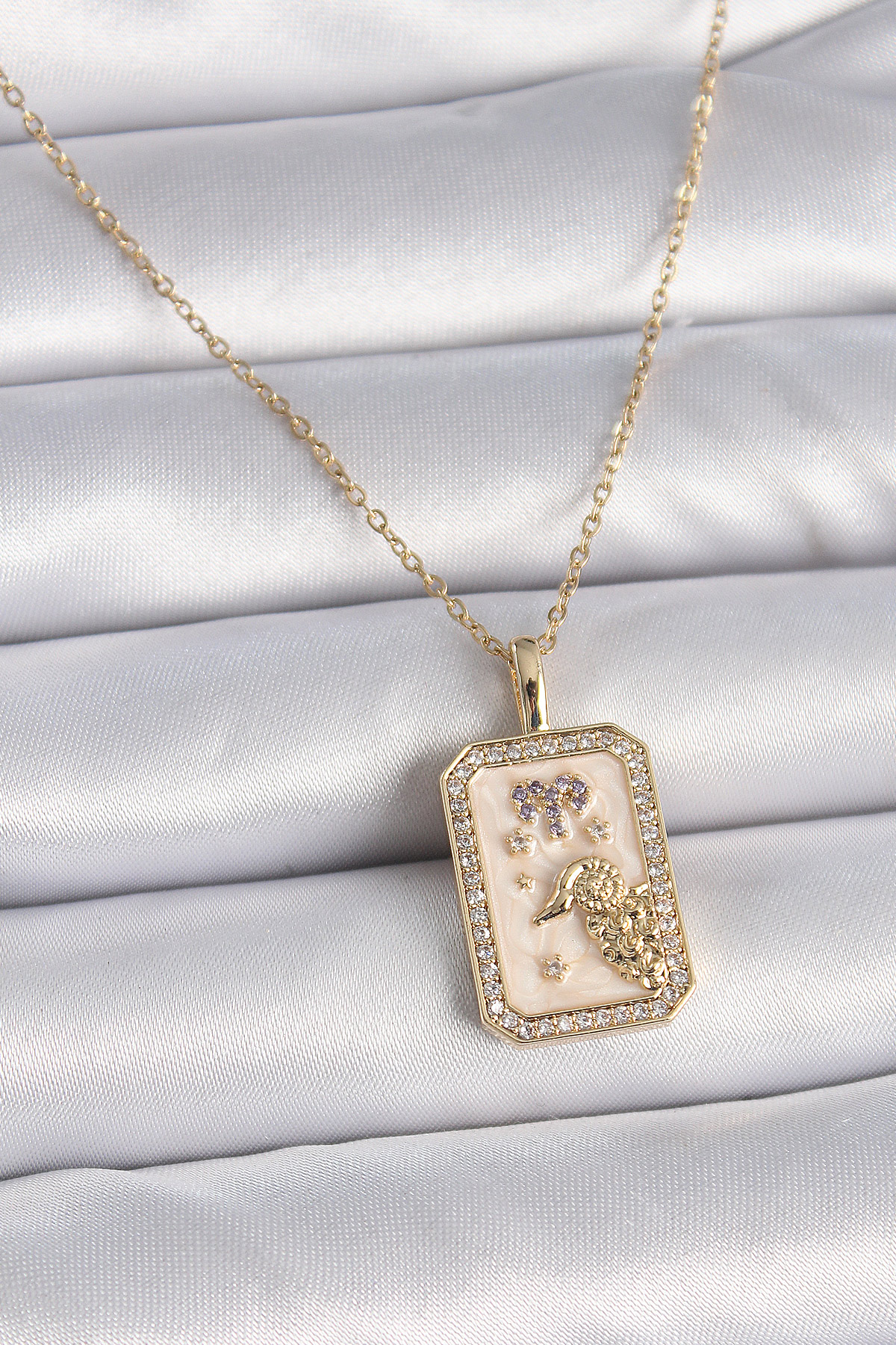 316L Çelik Gold Renk Zincir Koç Burcu Zirkon Taşlı Kadın Kolye 5886