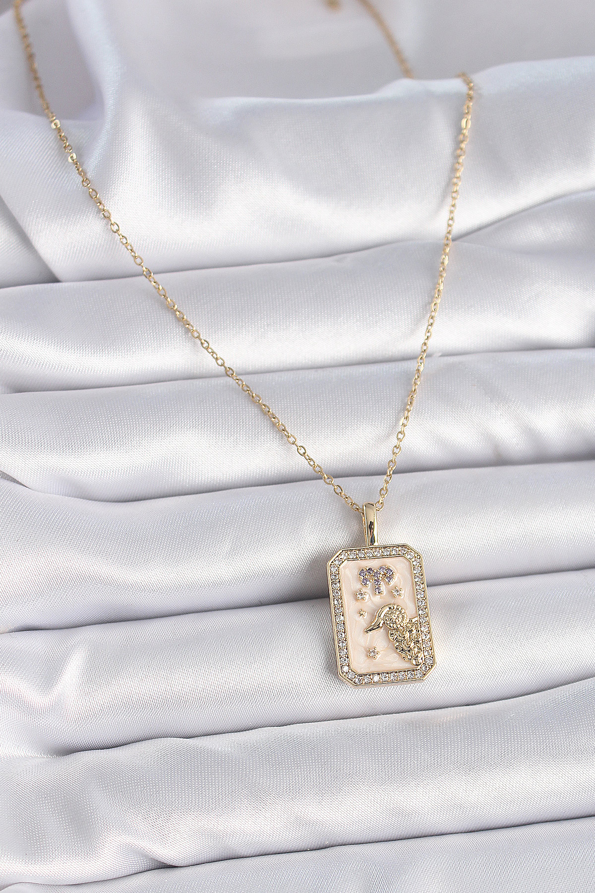 316L Çelik Gold Renk Zincir Koç Burcu Zirkon Taşlı Kadın Kolye 5886