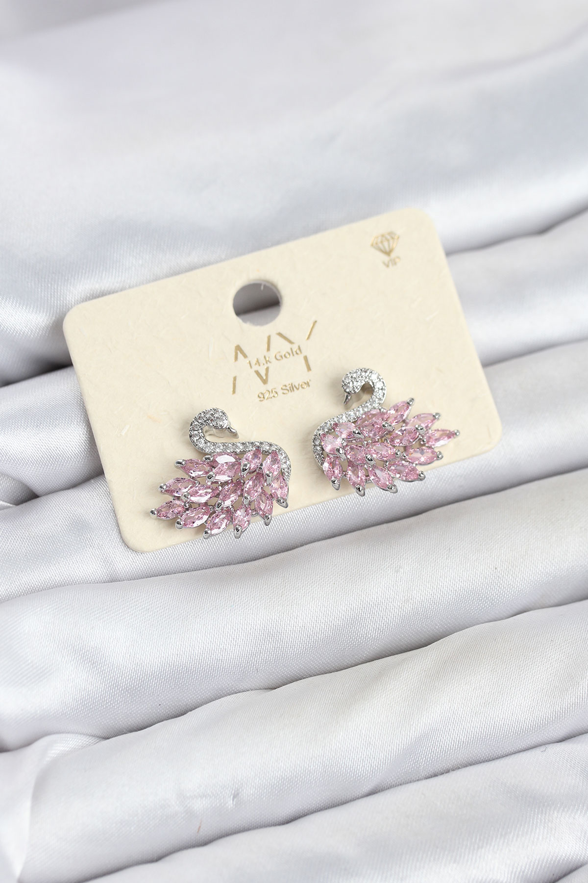 Pembe Zirkon Taşlı Gümüş Swan Kuğu Model Kadın Küpe 5886