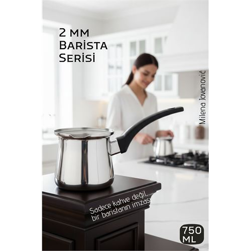 Premium 304 Paslanmaz Çelik Cezve 750 ml Profesyonel Barista Serisi, Isıya Dayanıklı Sap 