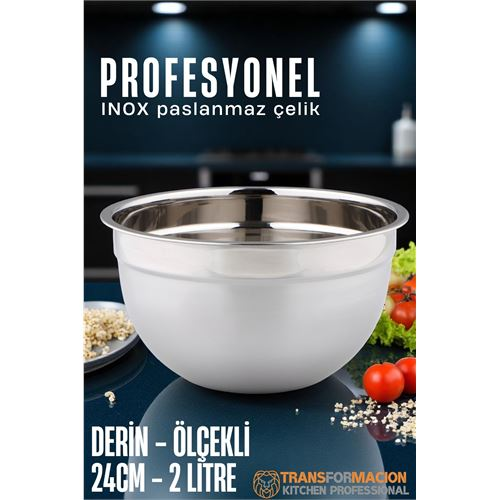HSNET Inox Ölçekli Derin Kase  - 24 Cm 2 Litre Karıştırma Kabı Profesyonel 304 Paslanmaz Çelik 