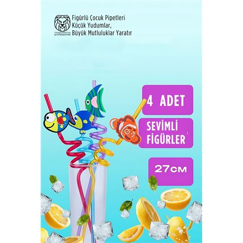 Spiralli Figürlü Lüks Çocuk Pipet Seti - 27cm Eğlenceli Karakterli 4'lü Özel Seri 