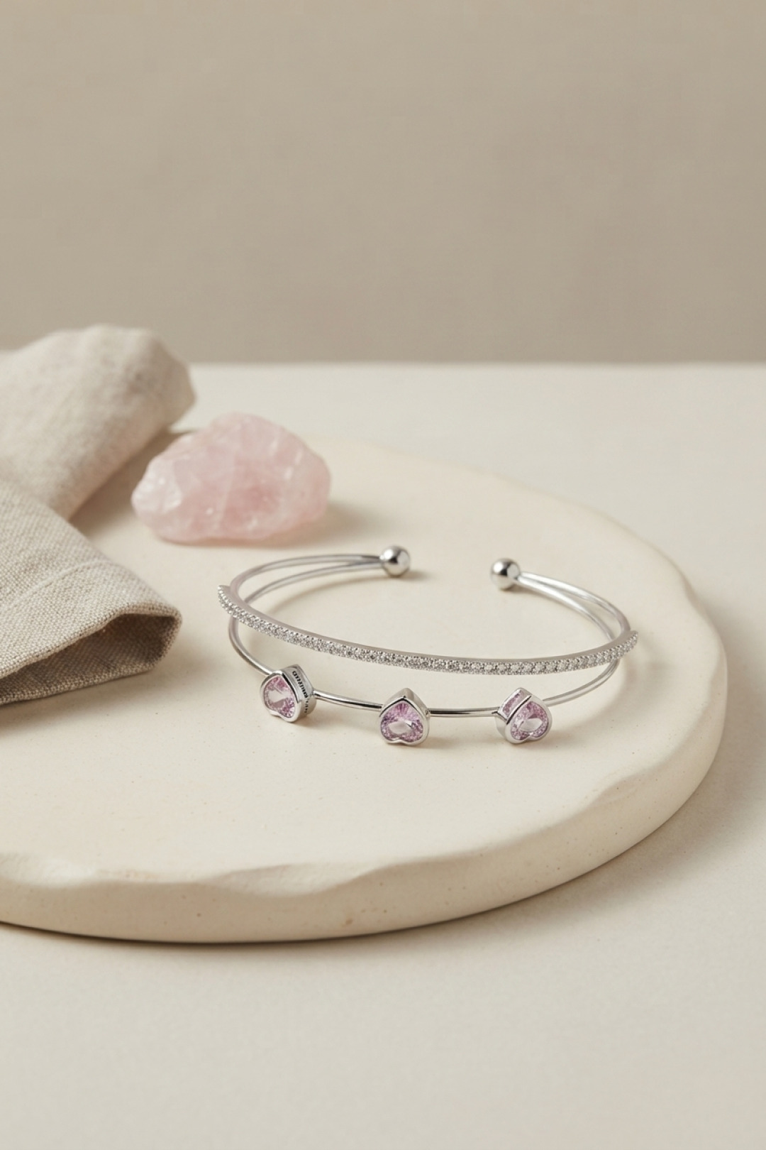 Pembe Kalp Model Zirkon Taşlı Gümüş Renk Kadın Bileklik 5886