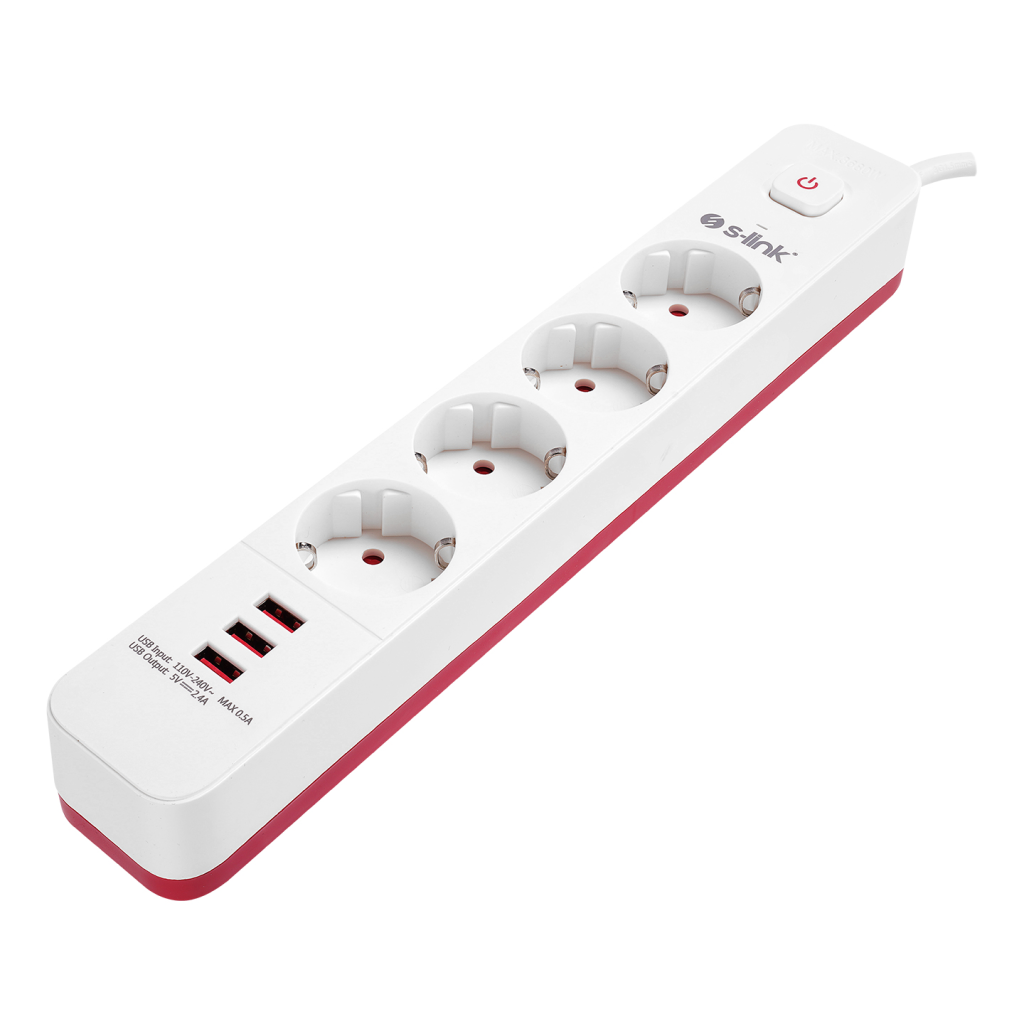 S-LINK SPG403U 4 Soket Akım Korumalı Priz 3xUSB 5V 2.4A 1.5Mt %100 Bakır 1.5mm Kablo 750 Joule (Beyaz)(1923)