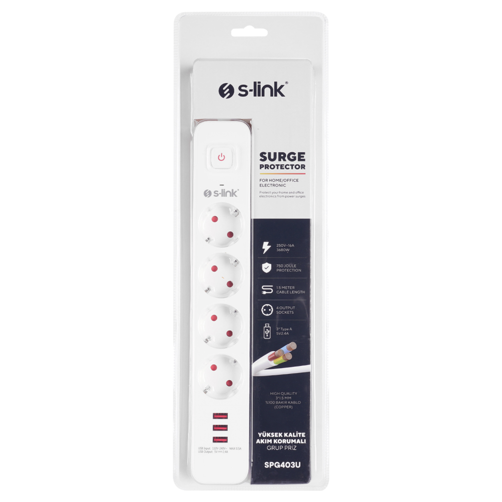 S-LINK SPG403U 4 Soket Akım Korumalı Priz 3xUSB 5V 2.4A 1.5Mt %100 Bakır 1.5mm Kablo 750 Joule (Beyaz)(1923)