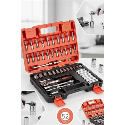 53 Parça Profesyonel Lokma Takımı - 1/4" Cırcır Kolu ve Çelik Soket Seti (Çantalı) 