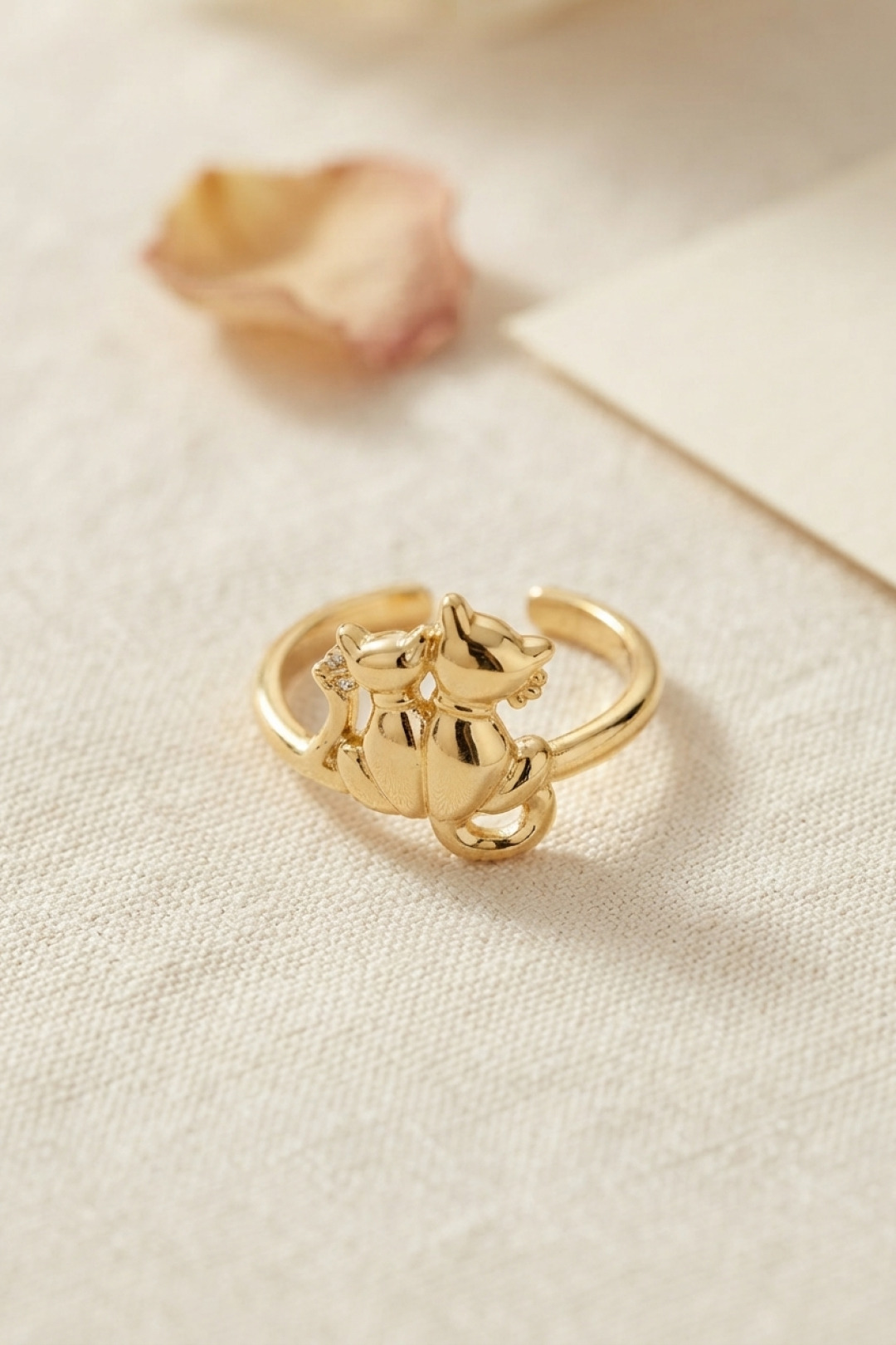 Gold Renk Kedi Tasarım Pirinç Kadın Yüzük 5886