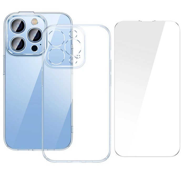 Baseus Crystal iPhone 14 Pro 6.1 Ultra-Thin Silikon Kılıf + Tempered Ekran Koruyucu Set-(1903)
