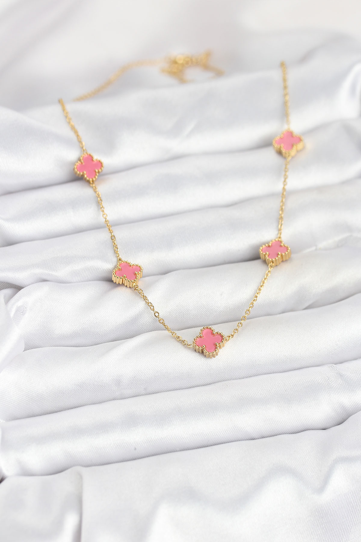 316L Çelik Zincir Gold Renk Pembe Baby Boy Yonca Kadın Kolye 5886