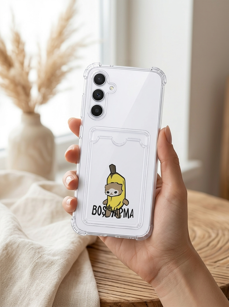 Samsung Galaxy A26 Boş Yapma Muz Detaylı Kart Bölmeli Şeffaf Telefon Kılıfı