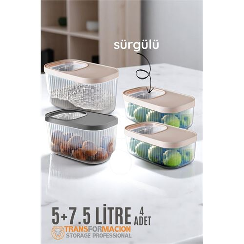 HSNET Erzak Bakliyat Kutusu Sürgülü Kapak Saklama Kabı 5 ve 7.5 Litre 4 lü 