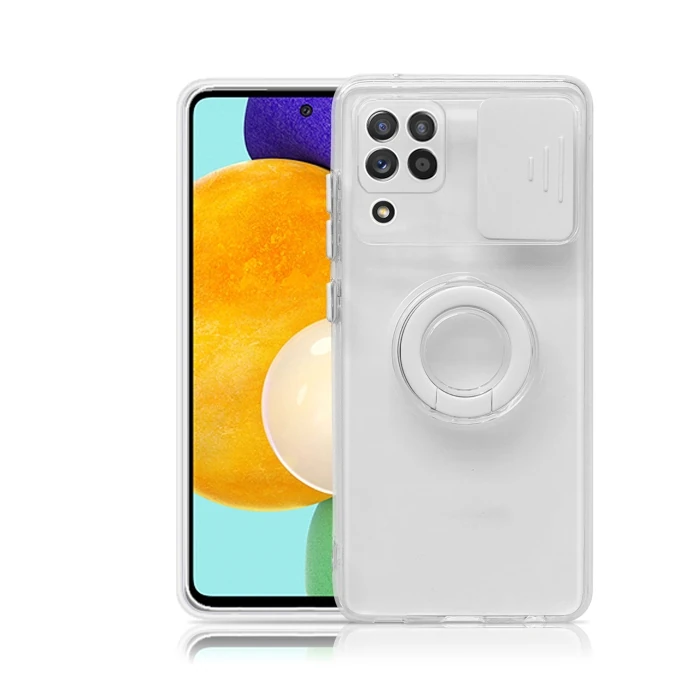 SM Galaxy A12 - M12 - F12 Kılıf Sürgülü Kamera Lens Korumalı Yüzük Standlı Silikon Kılıf-(1903)