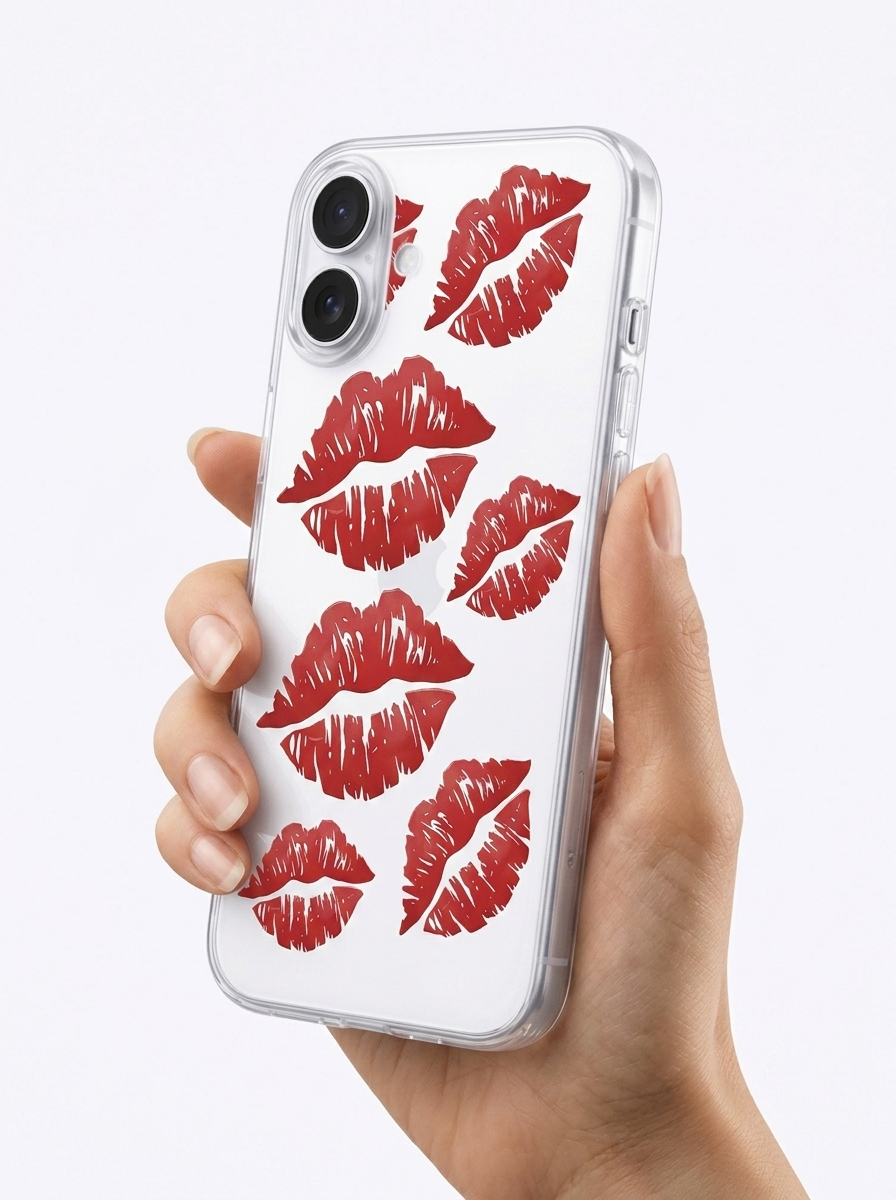 İphone 16 Kırmızı Dudak / Öpücük Desenli Şeffaf Telefon Kılıfı