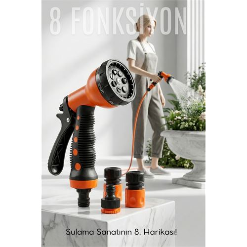 8 Fonksiyonlu Ayarlı Hortum Seti Yüksek Basınçlı Araba Yıkama Bahçe Sulama Tabancası 